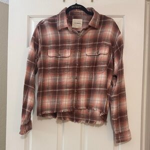 Lucky Brand Pink and Brown Plaid Flannel Cropped Shirt